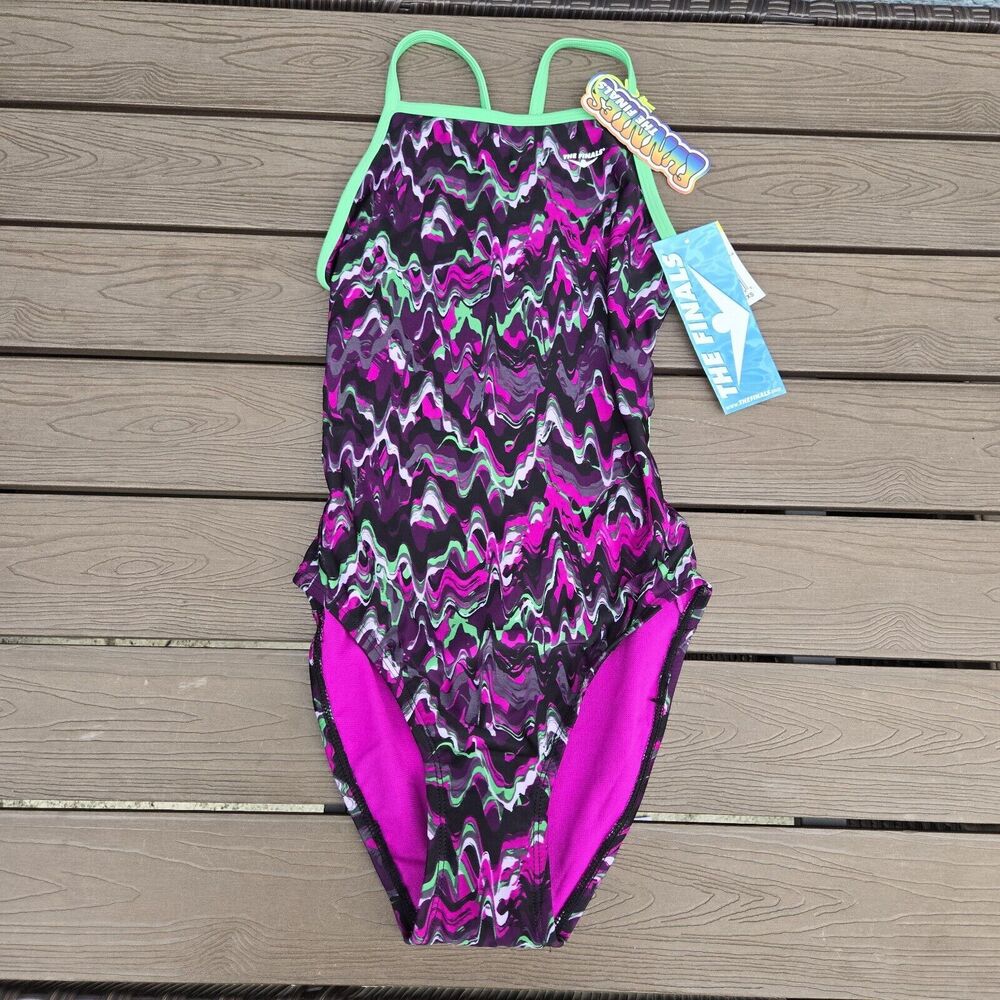 TYR The Finals Women Funhouse Purple Swimsuit Flutterback No Foil Size 32 New